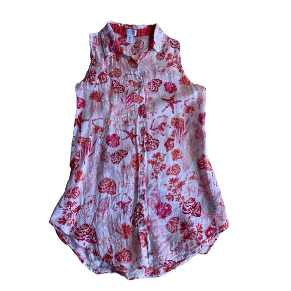Sigrid Olsen 100% Linen Shirt Dress Size Small Red White Shell Ocean Print - Picture 3 of 7